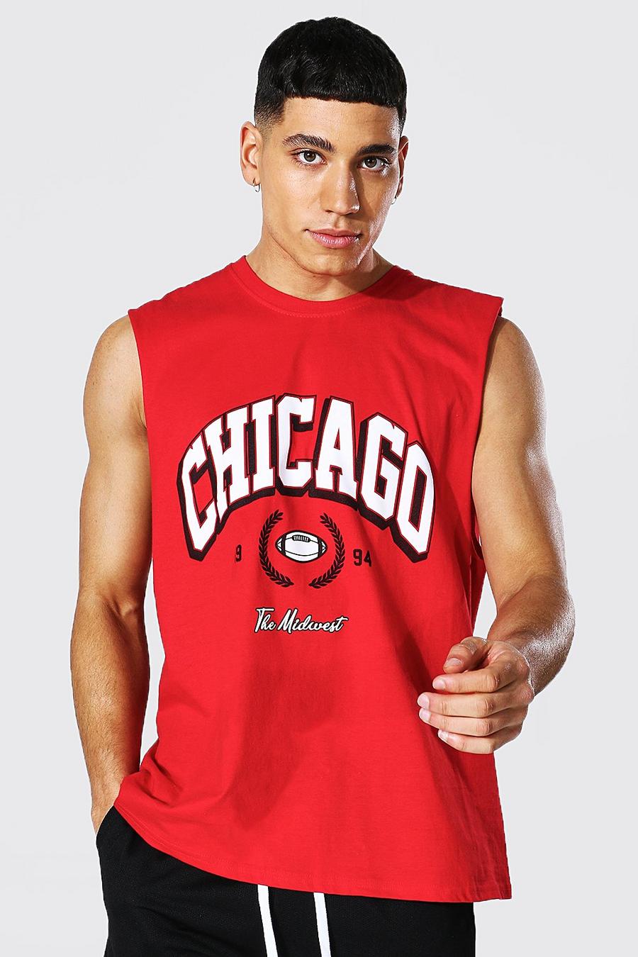 Red Oversized Chicago Varsity Printed Tank image number 1