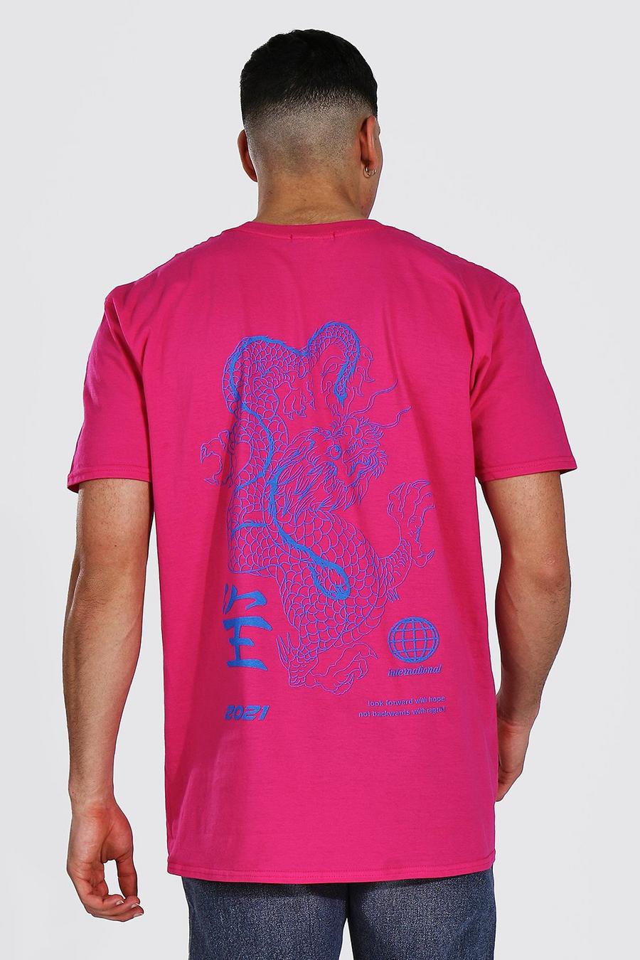 Pink Oversized Draken T-Shirt Met Rugopdruk image number 1