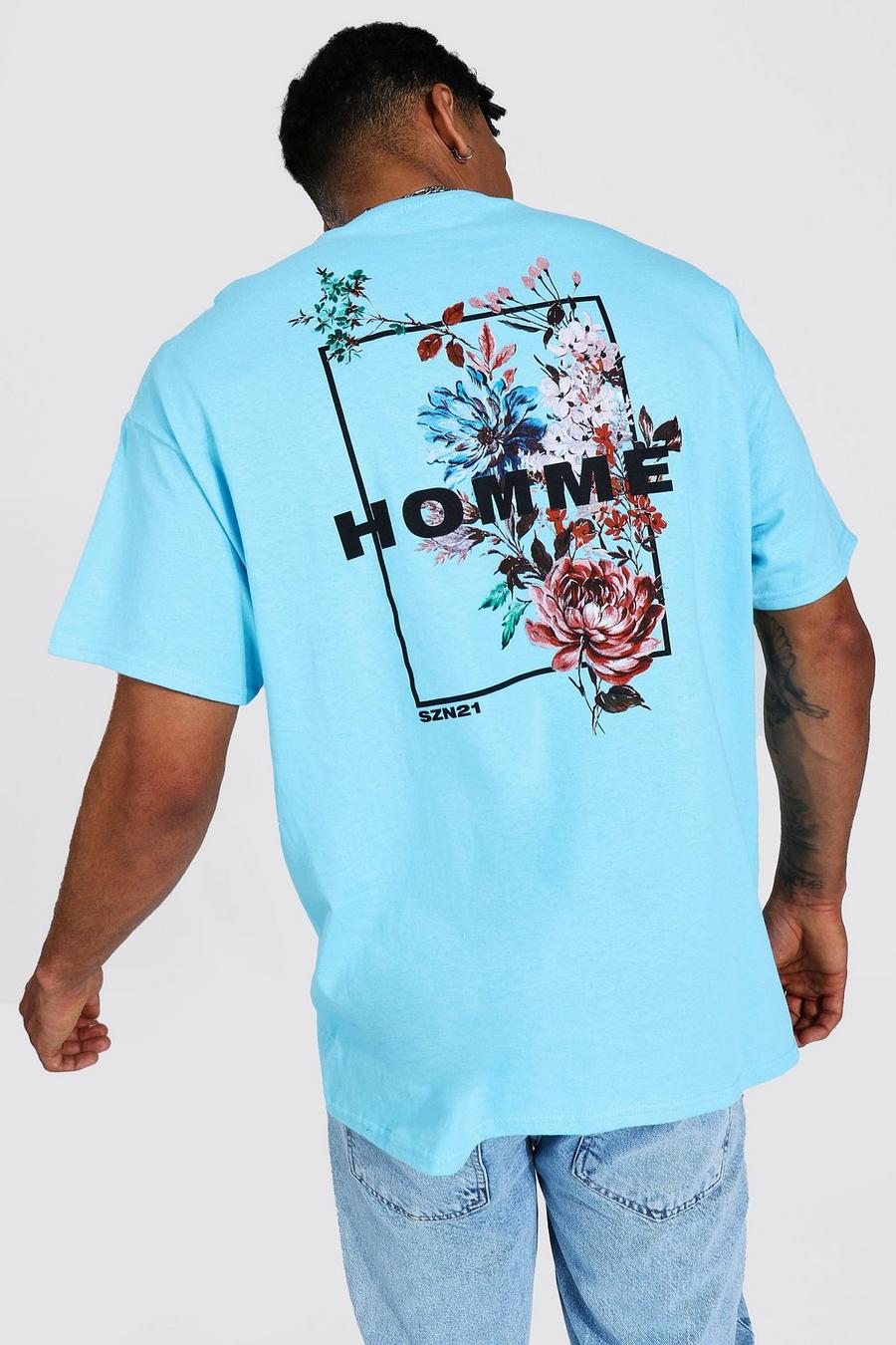 T-shirt oversize con stampa floreale e scritta Homme, Azzurro azul