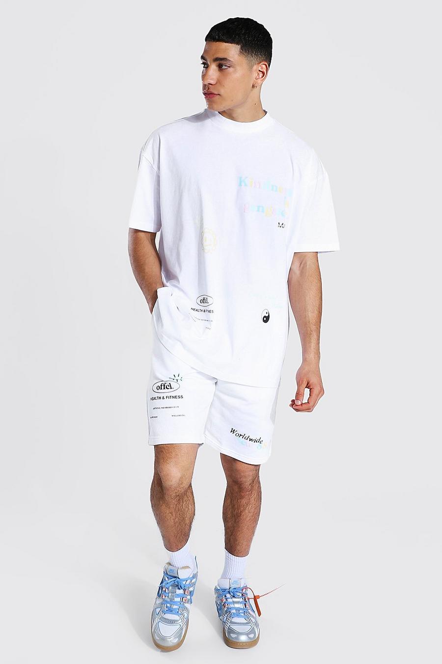 White Oversized Slogan Graphic T-Shirt And Shorts Set image number 1