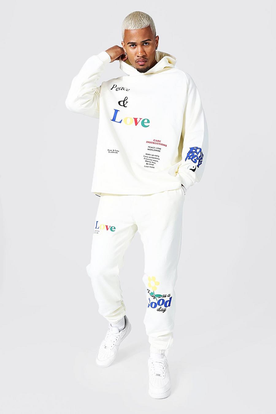 Cream Oversized Peace and Love Hoodie Tracksuit image number 1