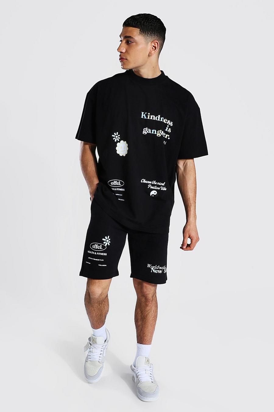 Black Oversized Slogan Print T-Shirt And Shorts Set image number 1