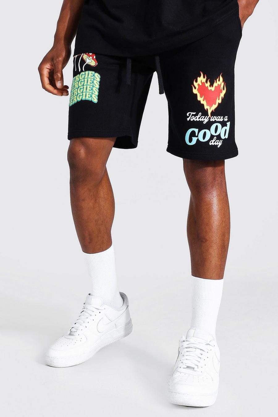 Black Jersey Regular Fit Shorts Met Tekst image number 1