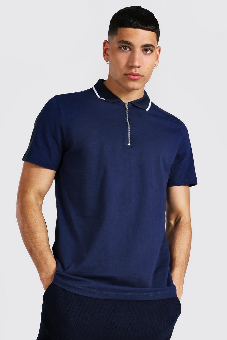 Navy Jacquard Panel 1/4 Zip Polo image number 1