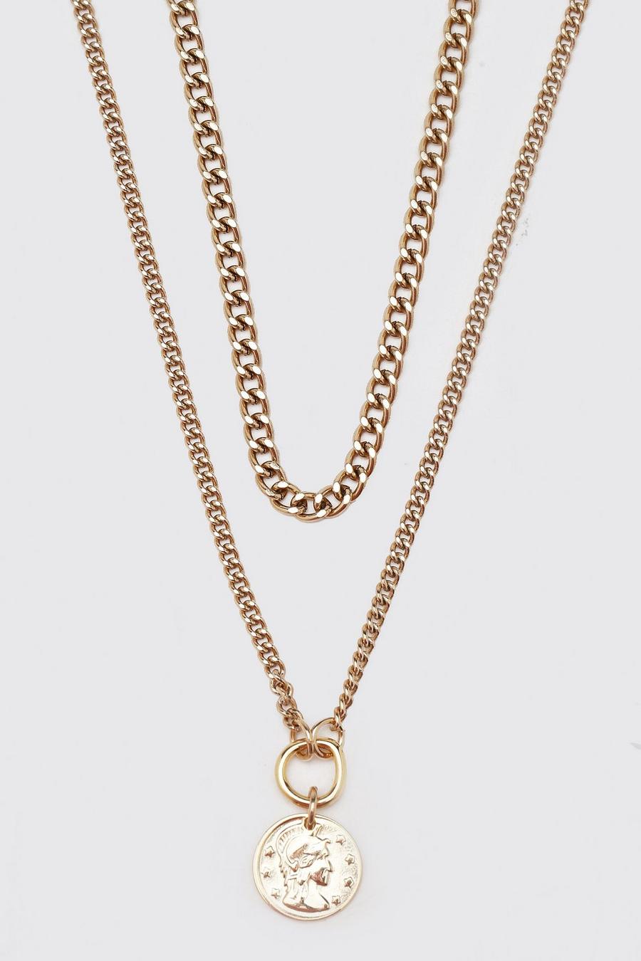 Gold Double Layer Chain With Old Coin Pendant image number 1