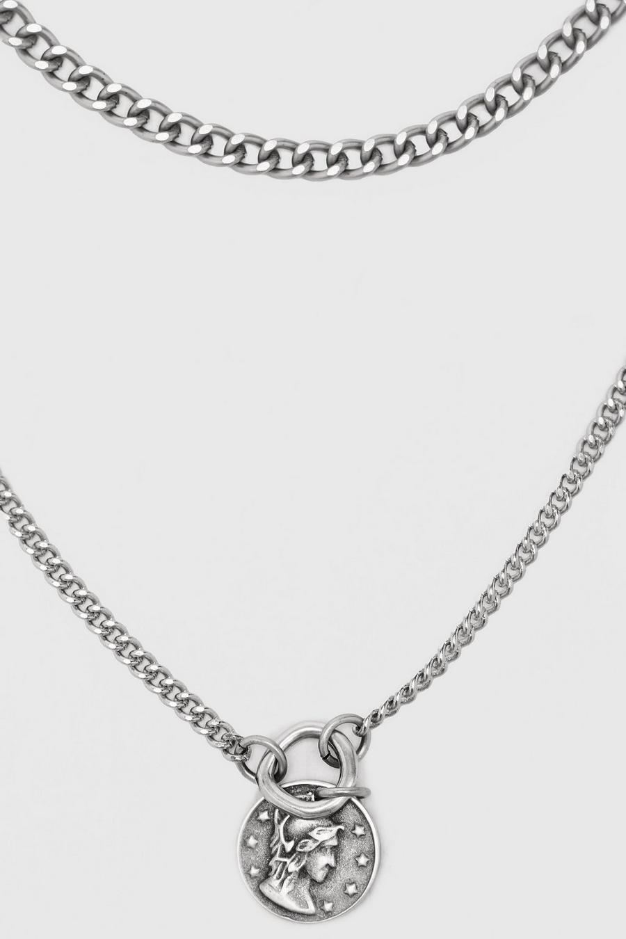 Silver Double Layer Chain With Old Coin Pendant image number 1