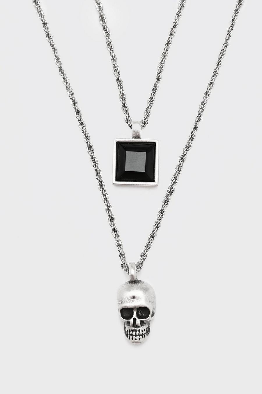 Silver Double Layer Pendant Necklace With Skull image number 1