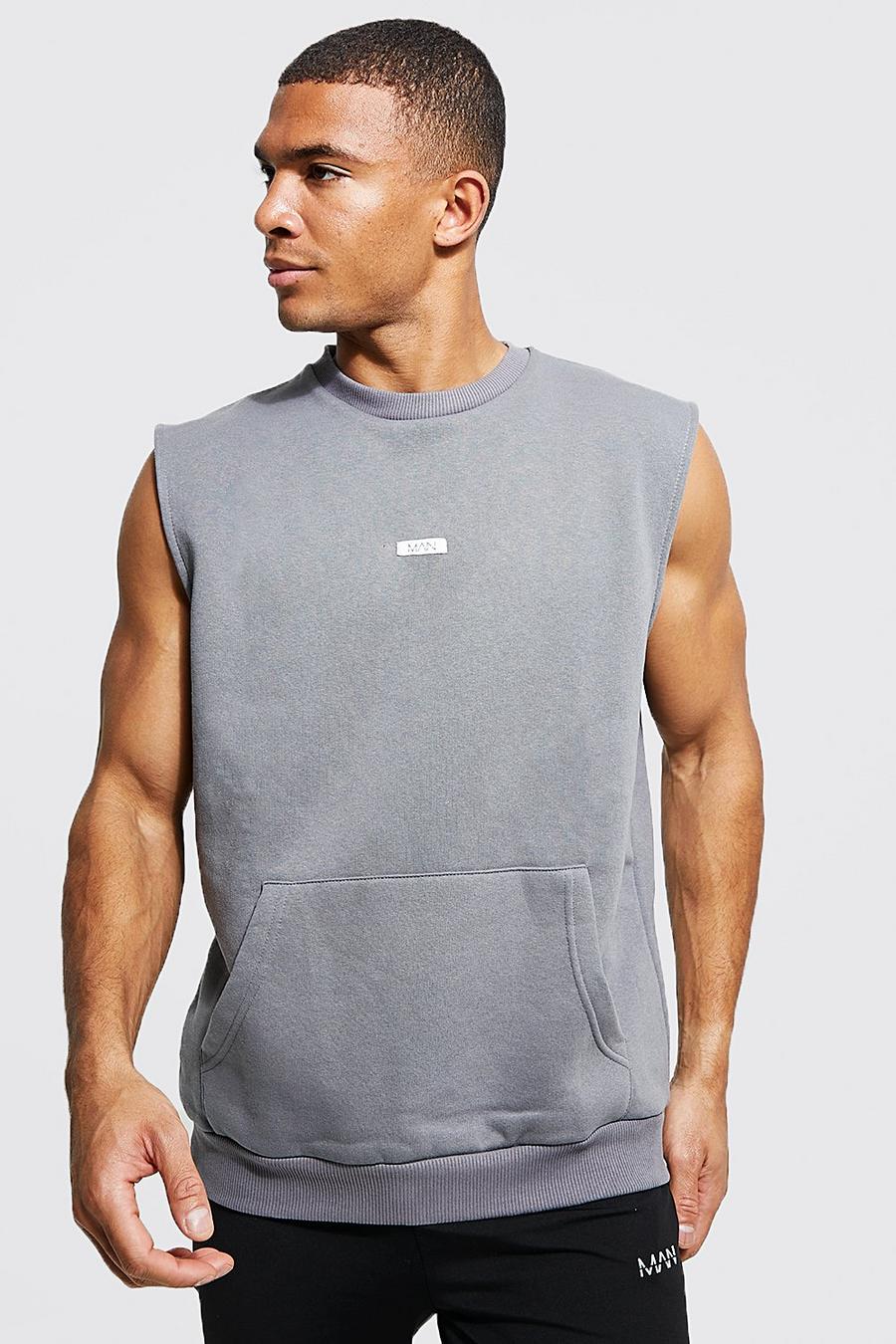 Man ärmelloses Sweatshirt mit Etikett, Charcoal image number 1