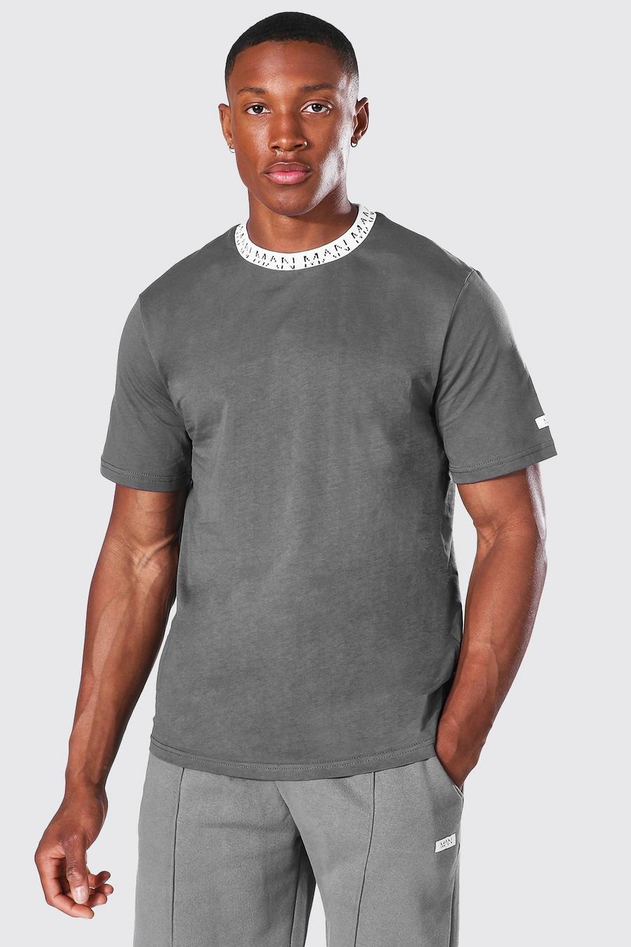 Charcoal Man Woven Tab Tee With Jacquard Neck image number 1