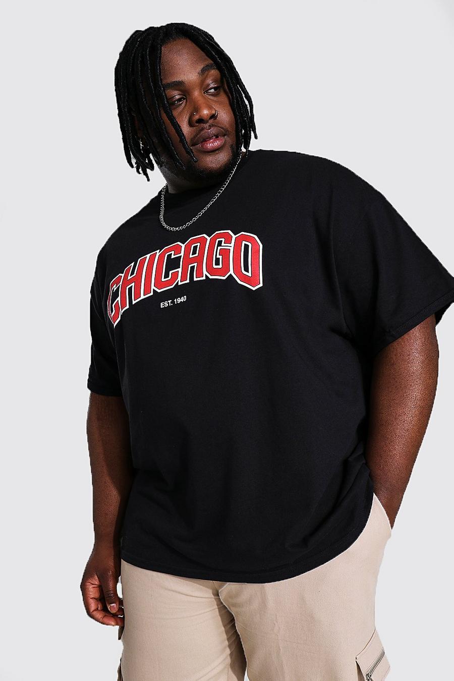 Plus Size College-T-Shirt mit Chicago-Print, Schwarz image number 1