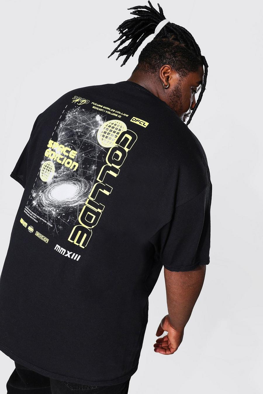 T-shirt Plus Size con stampa a motivo spaziale e scritta Collide sul retro, Nero image number 1