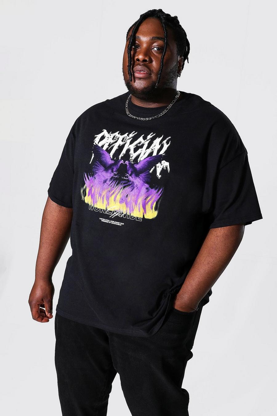 Black Plus Size Official Duiven T-Shirt Met Vlammen image number 1