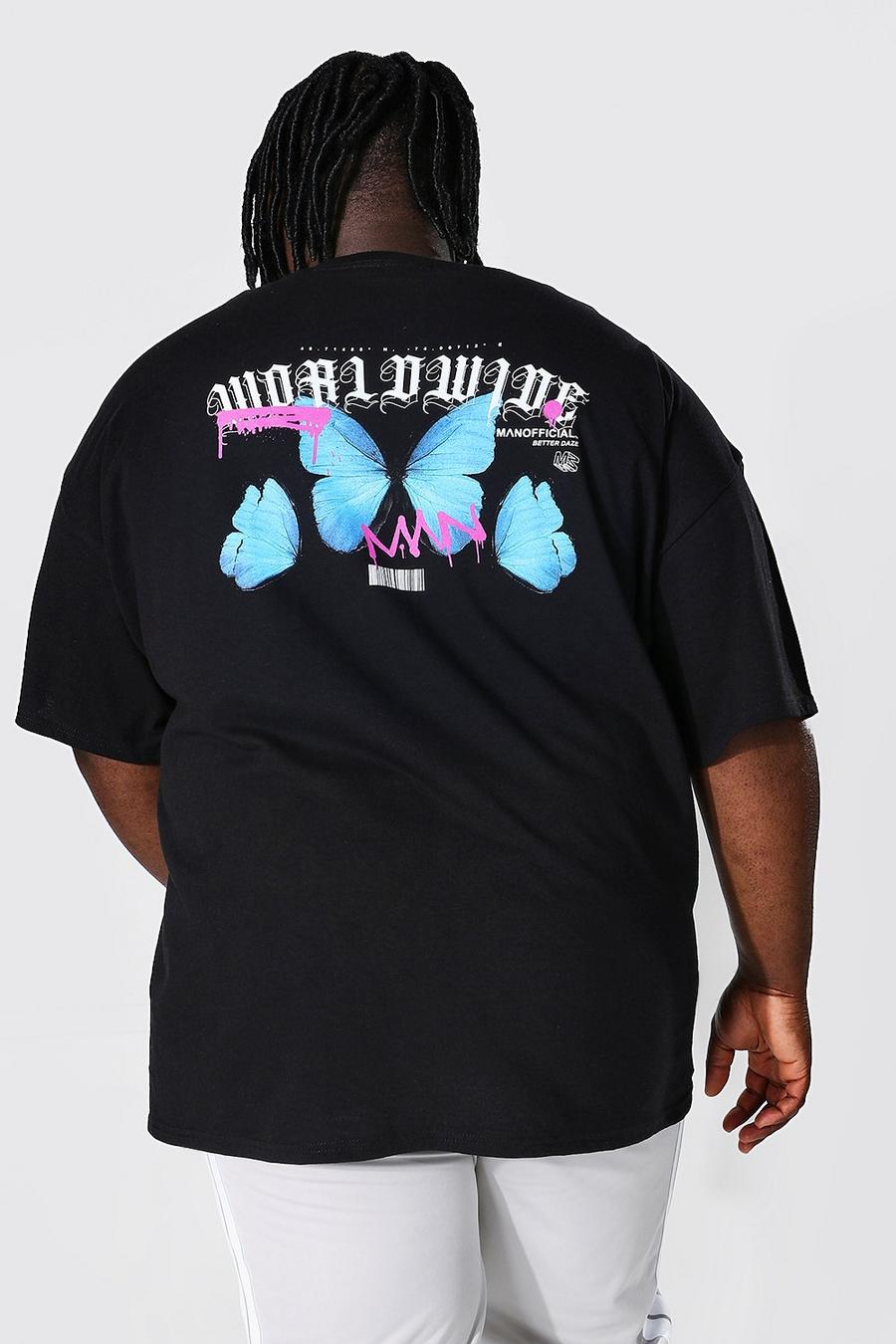Plus Size T-Shirt mit Schmetterlings-Print hinten, Schwarz image number 1