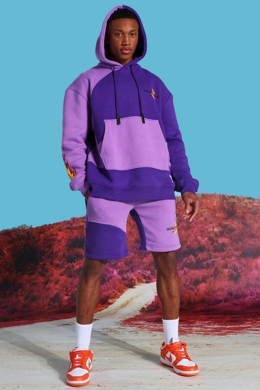 Übergroßer Short-Trainingsanzug mit Kapuze mit mehrfarbigem Flammen-Print, Violett image number 1