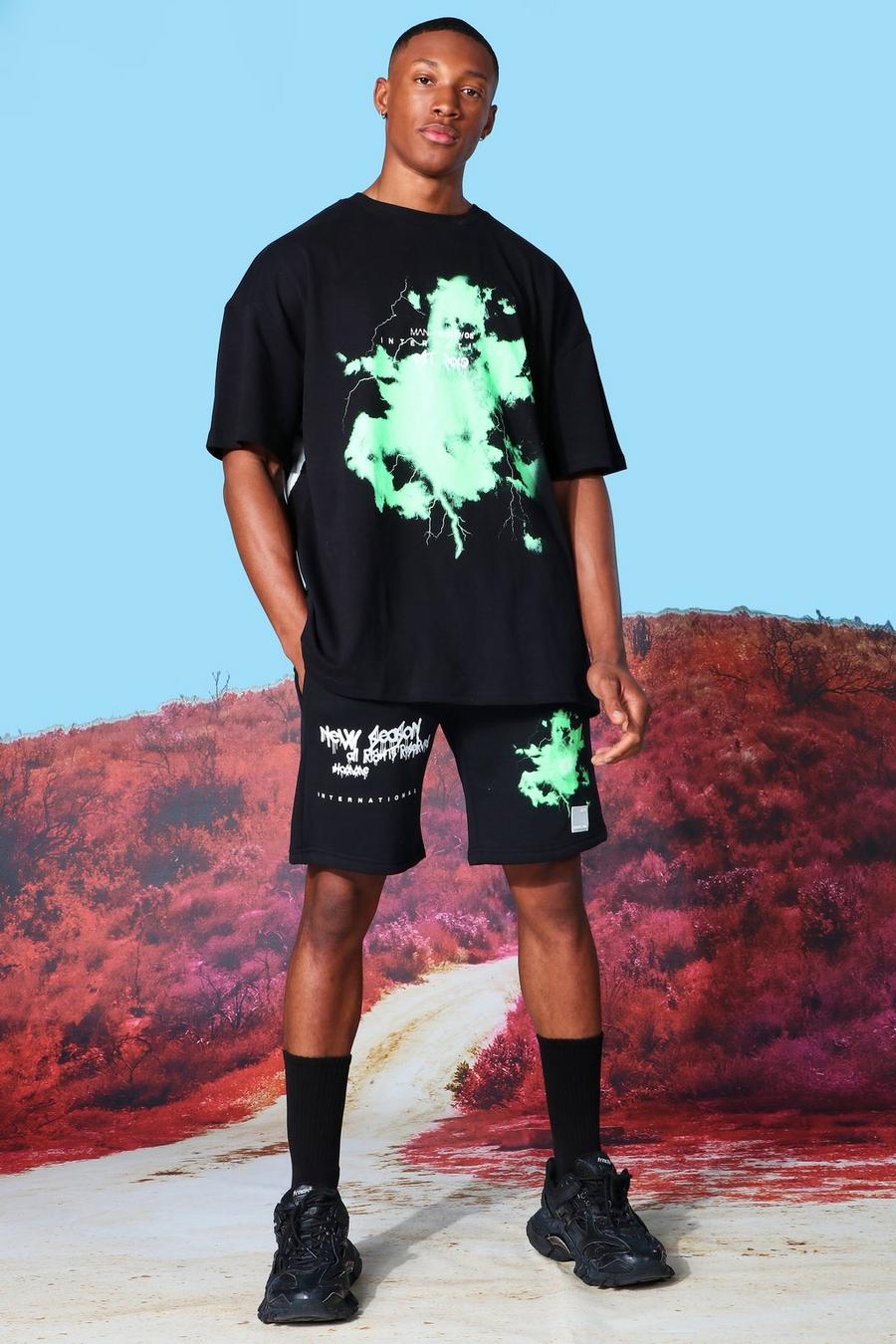 Black Oversized Graffiti Print T-shirt and Shorts Set image number 1