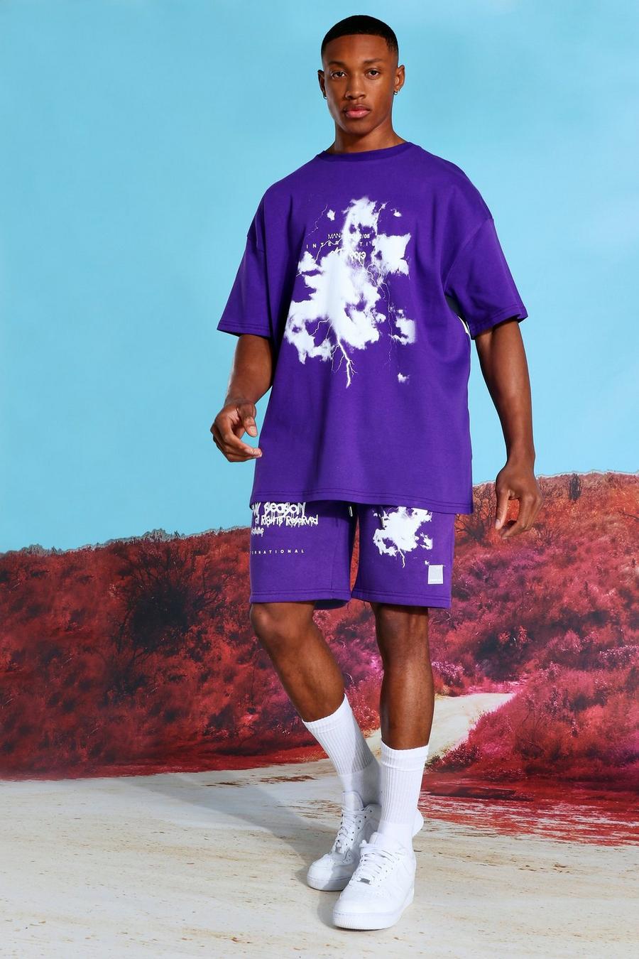 Purple Oversized Graffiti Graphic T-Shirt & Short Set image number 1