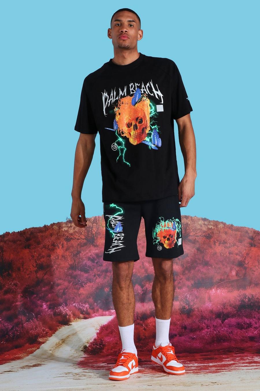 Black Tall Skull Graphic T-Shirt And Short Set image number 1