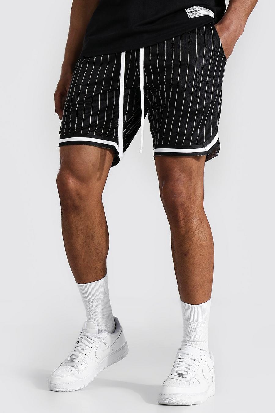 Black Airtex Pinstripe Basketball Shorts With Tape image number 1