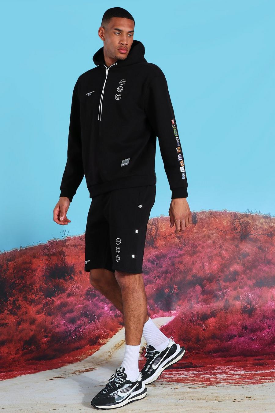 Black Tall Graphic Print Hooded Short Tracksuit image number 1