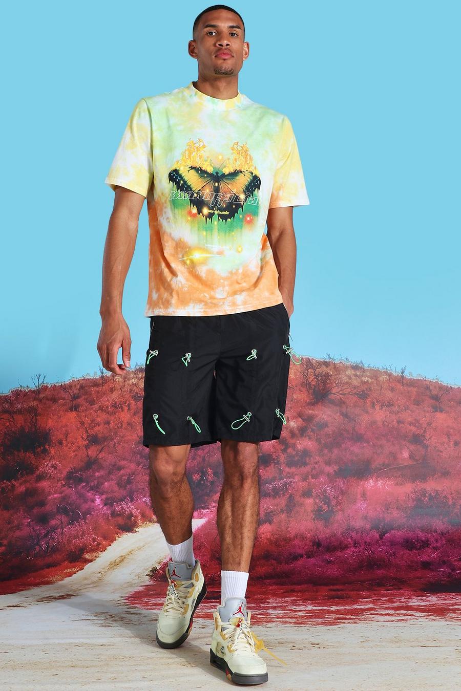 Set Tall con t-shirt effetto tie-dye con stampa di farfalle e pantaloncini, Giallo image number 1