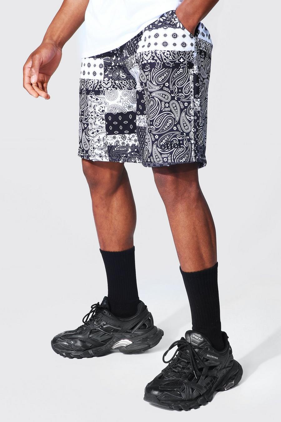 Lockere Patchwork Jersey-Shorts mit Bandana-Print, Black image number 1