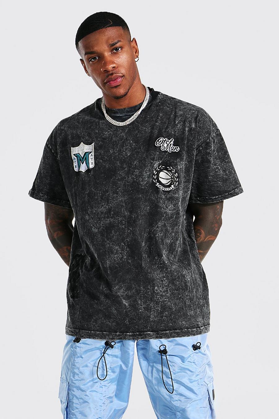 Charcoal Oversized Acid Wash Gebleekt Varsity Man T-Shirt image number 1
