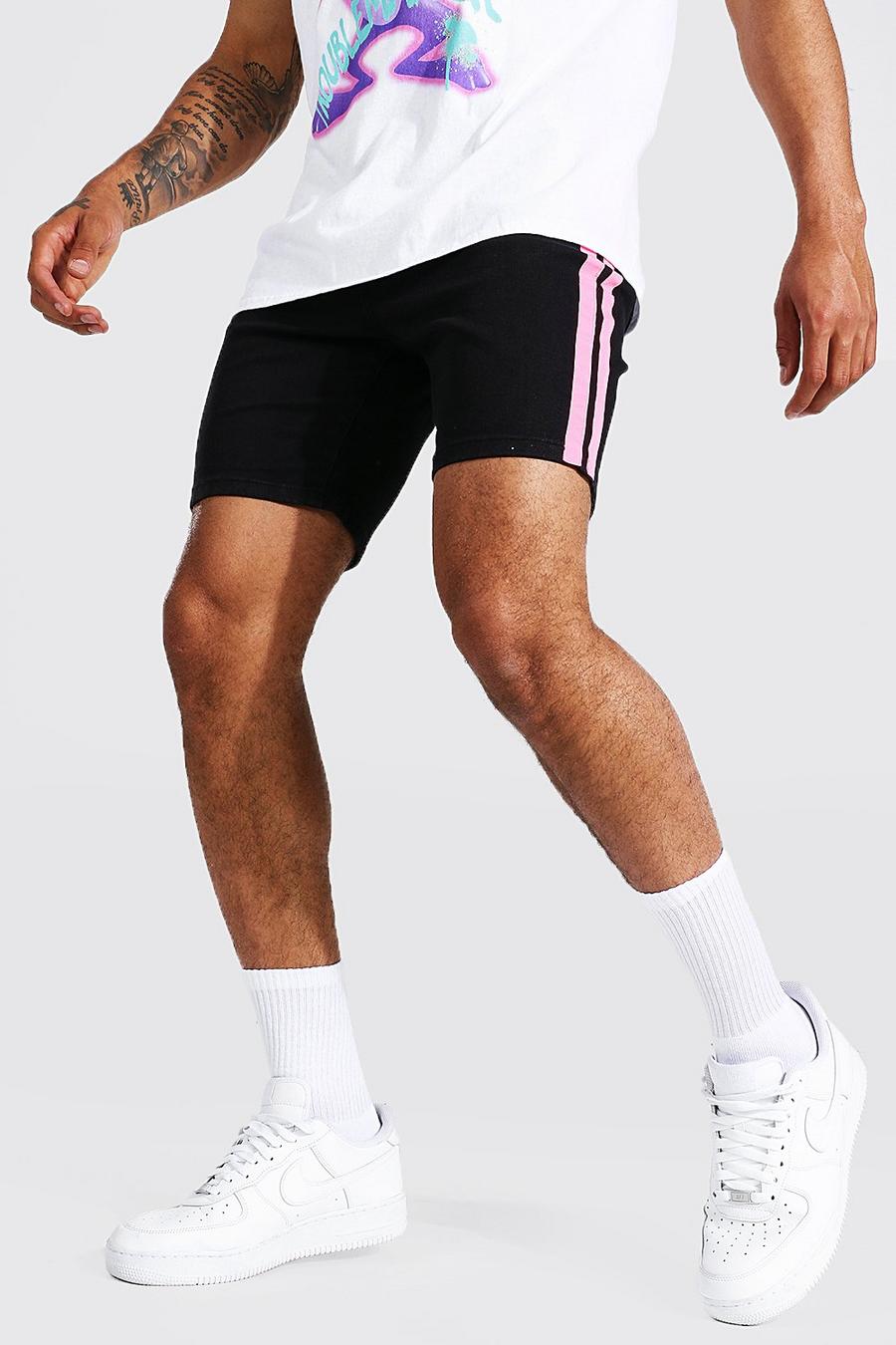 Black Stretch Skinny Fit Denim Shorts Met Zijstreep image number 1
