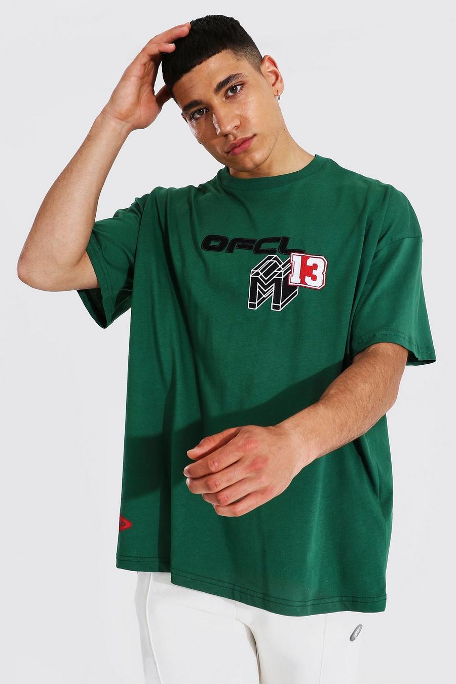 T-shirt oversize con scritta Ofcl 13 in stile varsity, Verde gerde