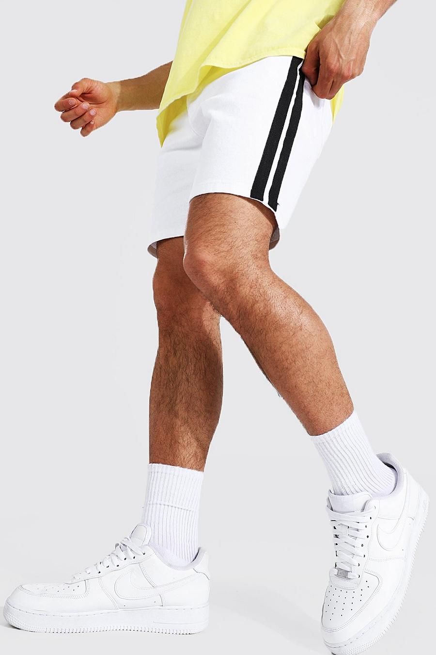 White Stretch Skinny Fit Denim Shorts Met Zijstreep image number 1