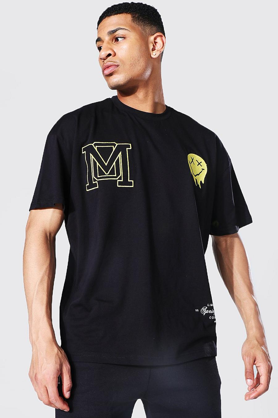 Camiseta de estilo universitario ancha con cara goteante, Negro image number 1