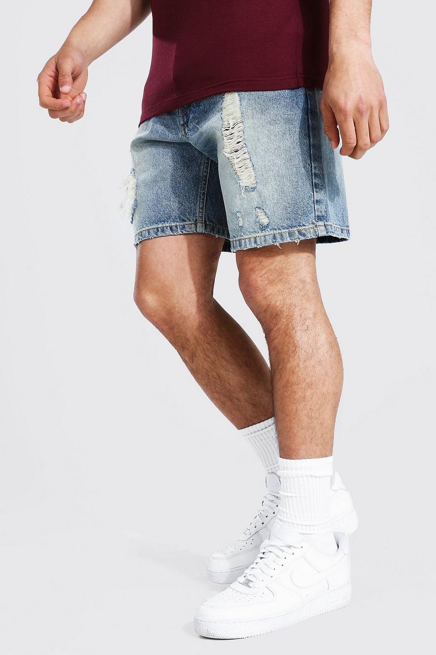 Antique blue Relaxed Fit Extreme Ripped Denim Short