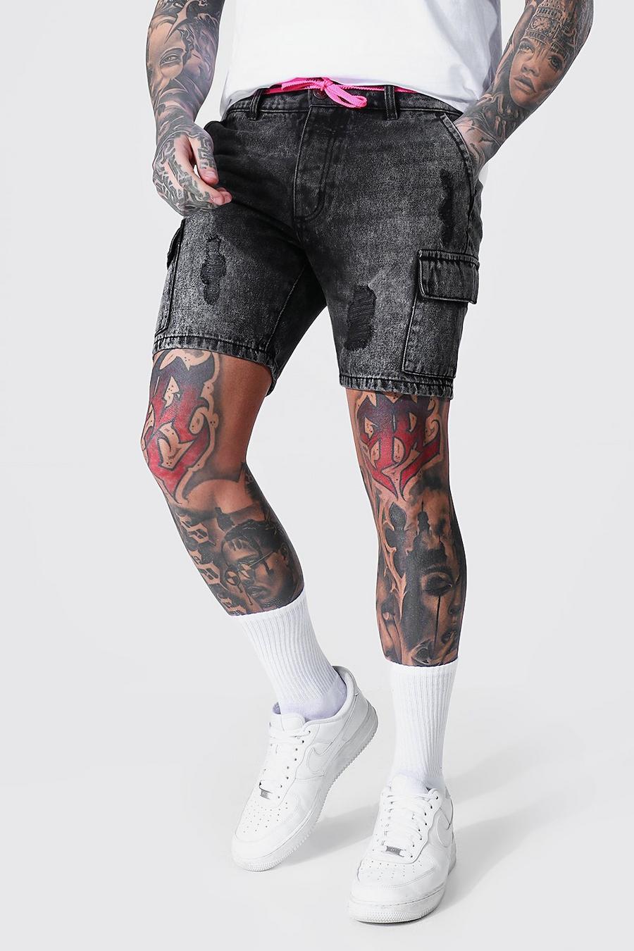 Short utilitaire en jean coupe slim rigide avec ceinture, Noir délavé image number 1
