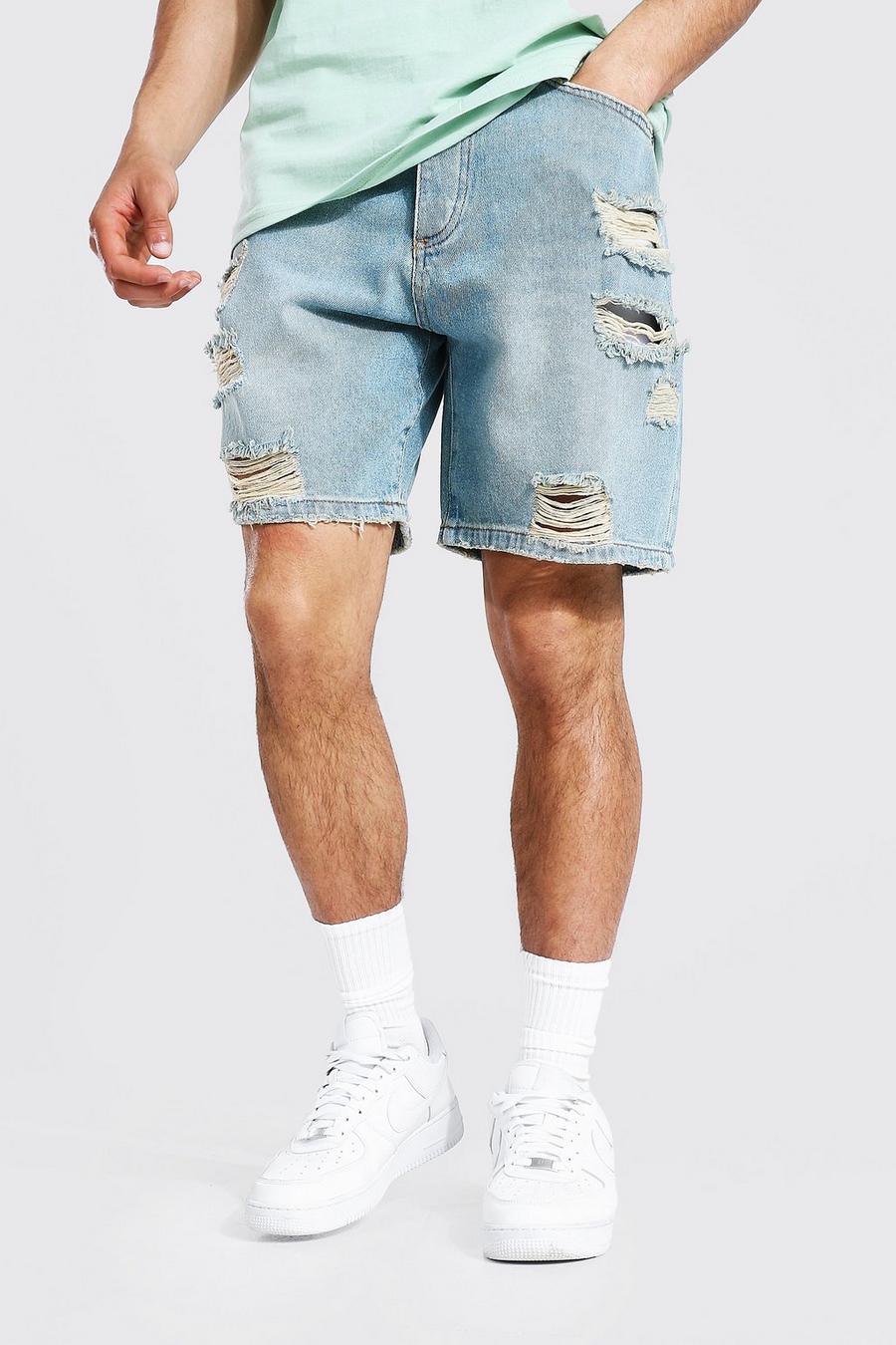 Antique blue Relaxed Fit All Over Ripped Denim Short image number 1
