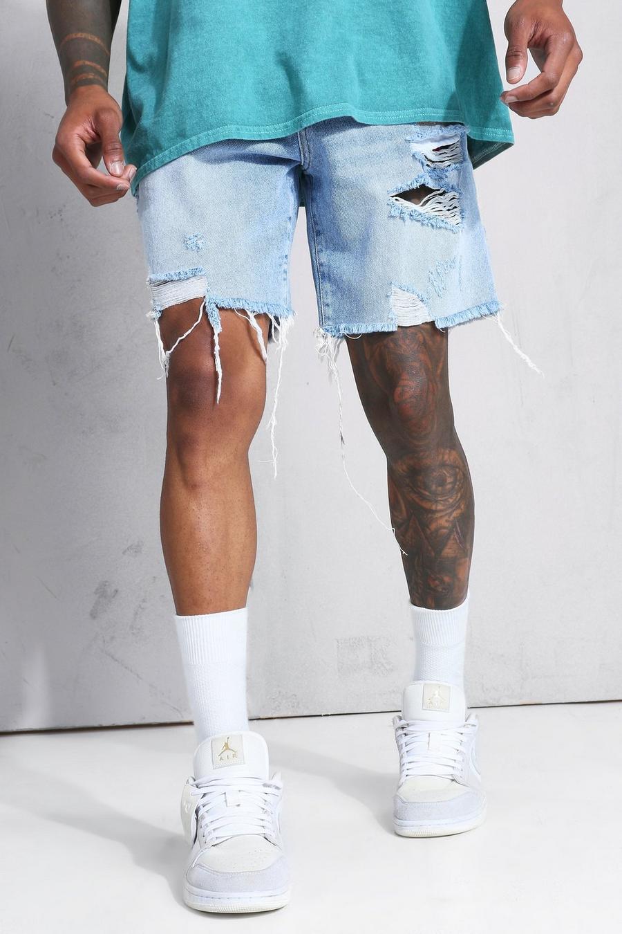 Ice blue Relaxed Fit Multi Rip Frayed Hem Jean Short image number 1