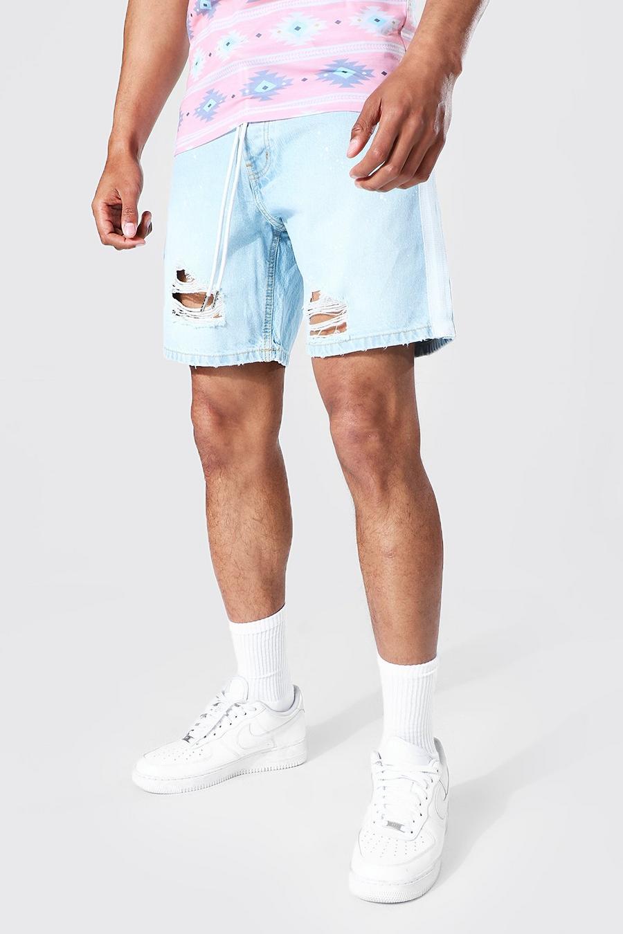 Ice blue Relaxed Fit Side Stripe Ripped Denim Short image number 1