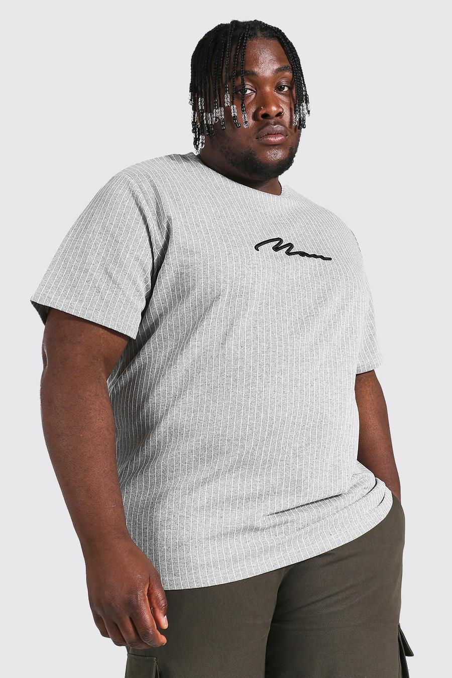 Grey Plus Size Man Script Pinstripe T-shirt image number 1