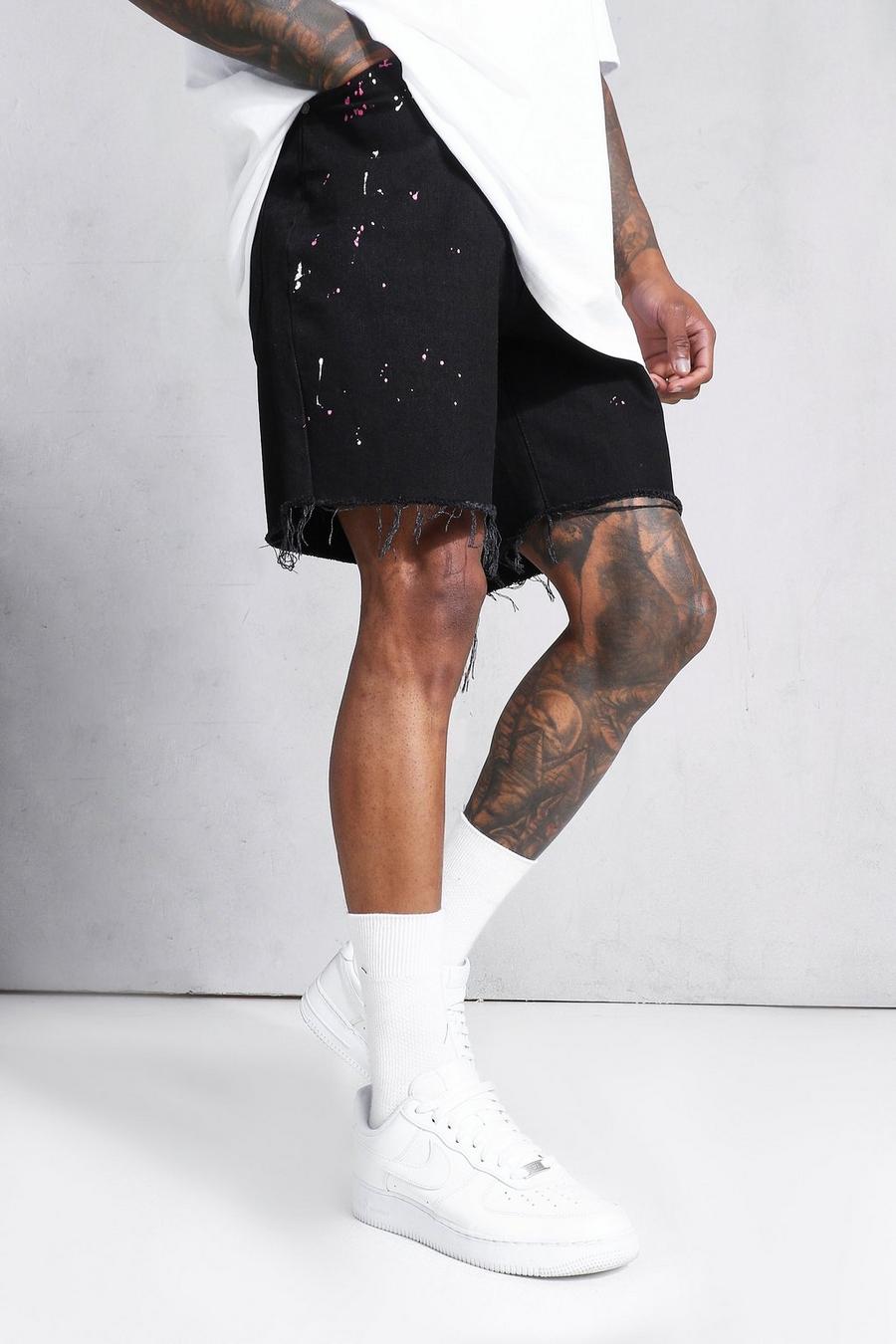 Pantalones cortos vaqueros holgados deshilachados con salpicaduras de pintura, Negro image number 1