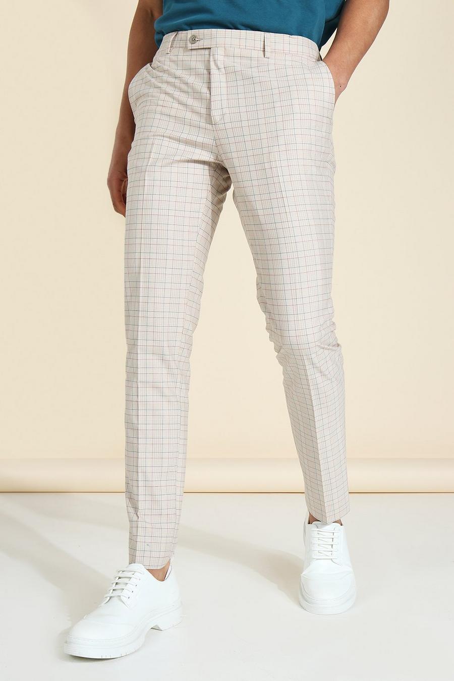 Beige Skinny Check Taloired Pants image number 1