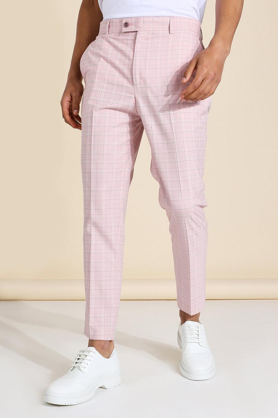 Pink Tapered Crop Check Dress Pants image number 1