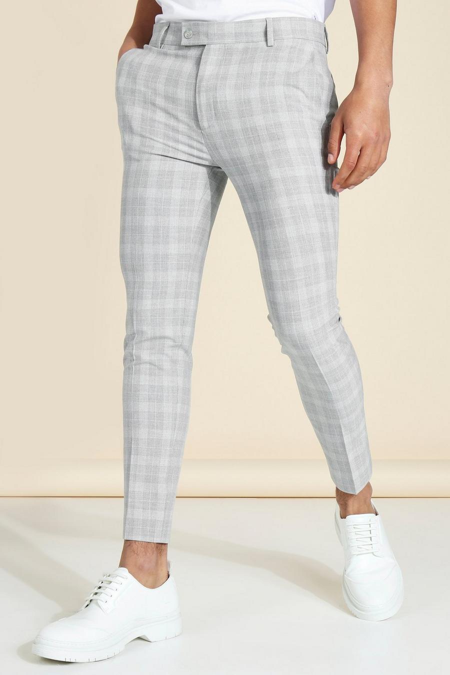 אפור gris מכנסי קרופ סופר סקיני מחויטים עם הדפס משבצות
