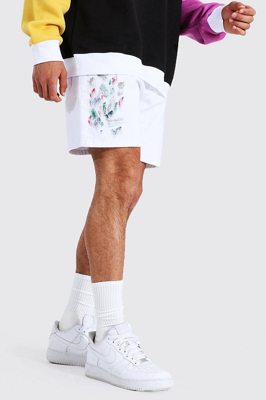 Pantalones cortos vaqueros de corte holgado pintados, Blanco image number 1