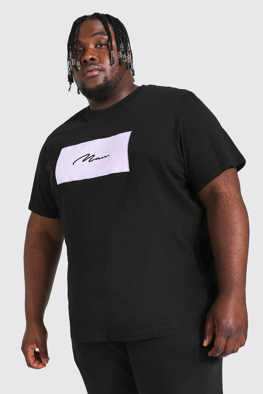 Black Plus Size Man Script Velour Box Graphic T-Shirt image number 1