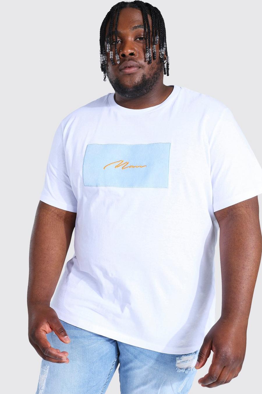 T-shirt Plus Size in velour con stampa con scritta Man in un riquadro, Bianco image number 1