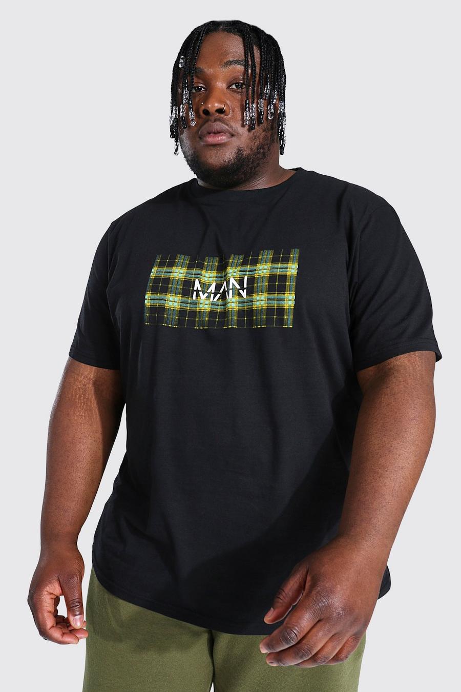 T-shirt Plus Size in jacquard con scritta Man tratteggiata in un riquadro, Nero image number 1