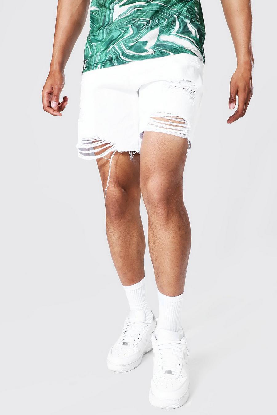 White Relaxed Fit Mutli Rip Jean Short image number 1