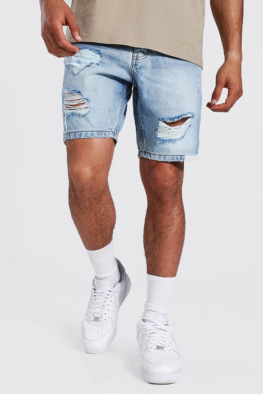 Pantalones cortos vaqueros sin tratar ajustados con varios desgarros, Light blue image number 1