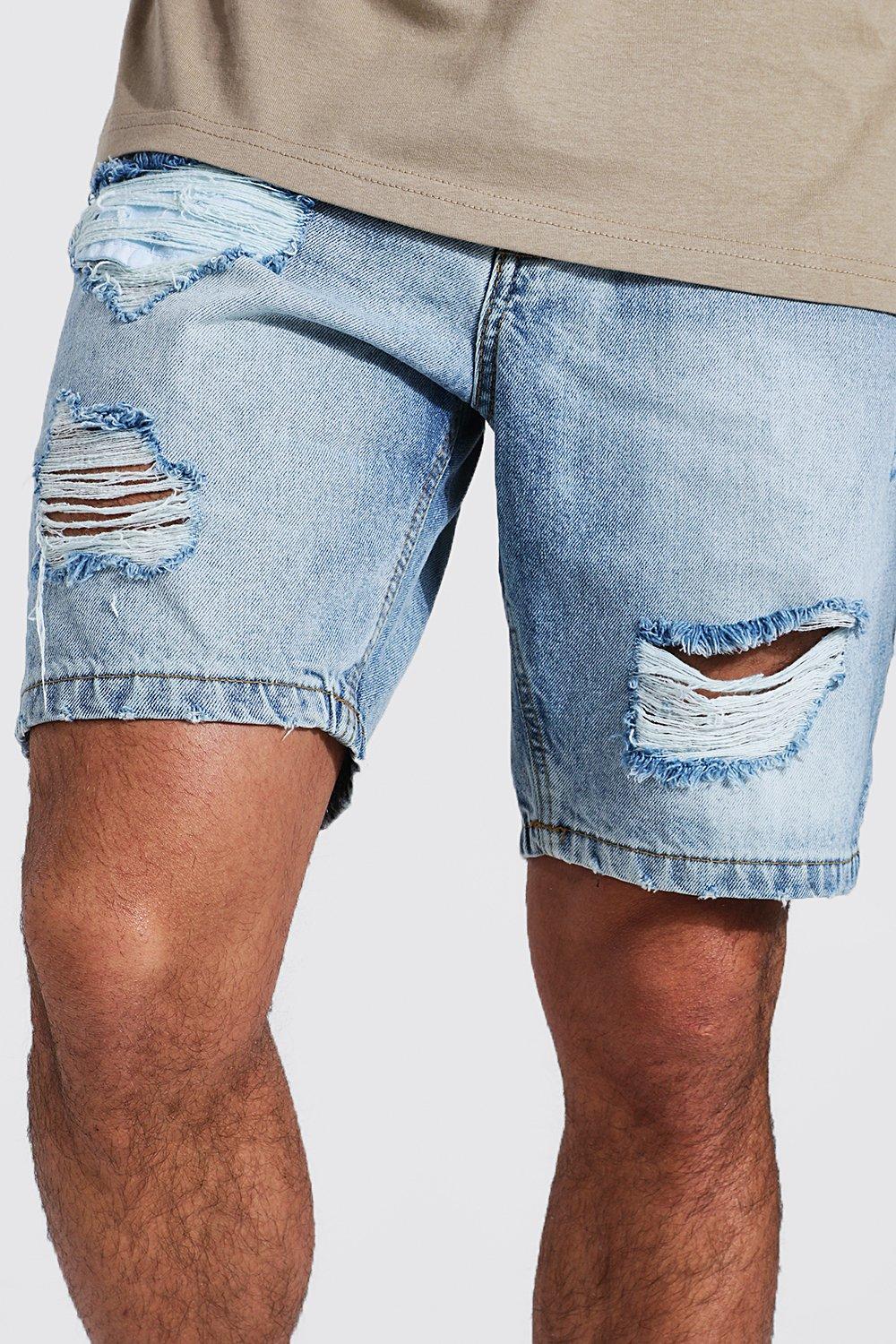 boohooMAN Mens Relaxed Fit Rigid Multi Rip Jean Shorts - Blue