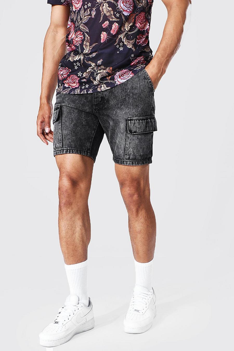 Washed black Slim Rigid Cargo Jean Short image number 1