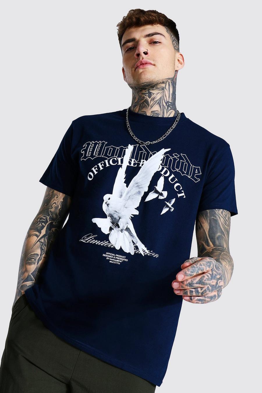 T-shirt oversize con stampa di tortora, Blu oltremare image number 1