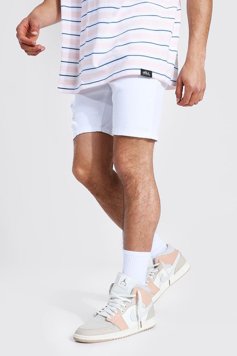 Pantaloncini skinny elasticizzati in denim effetto consumato, Bianco image number 1